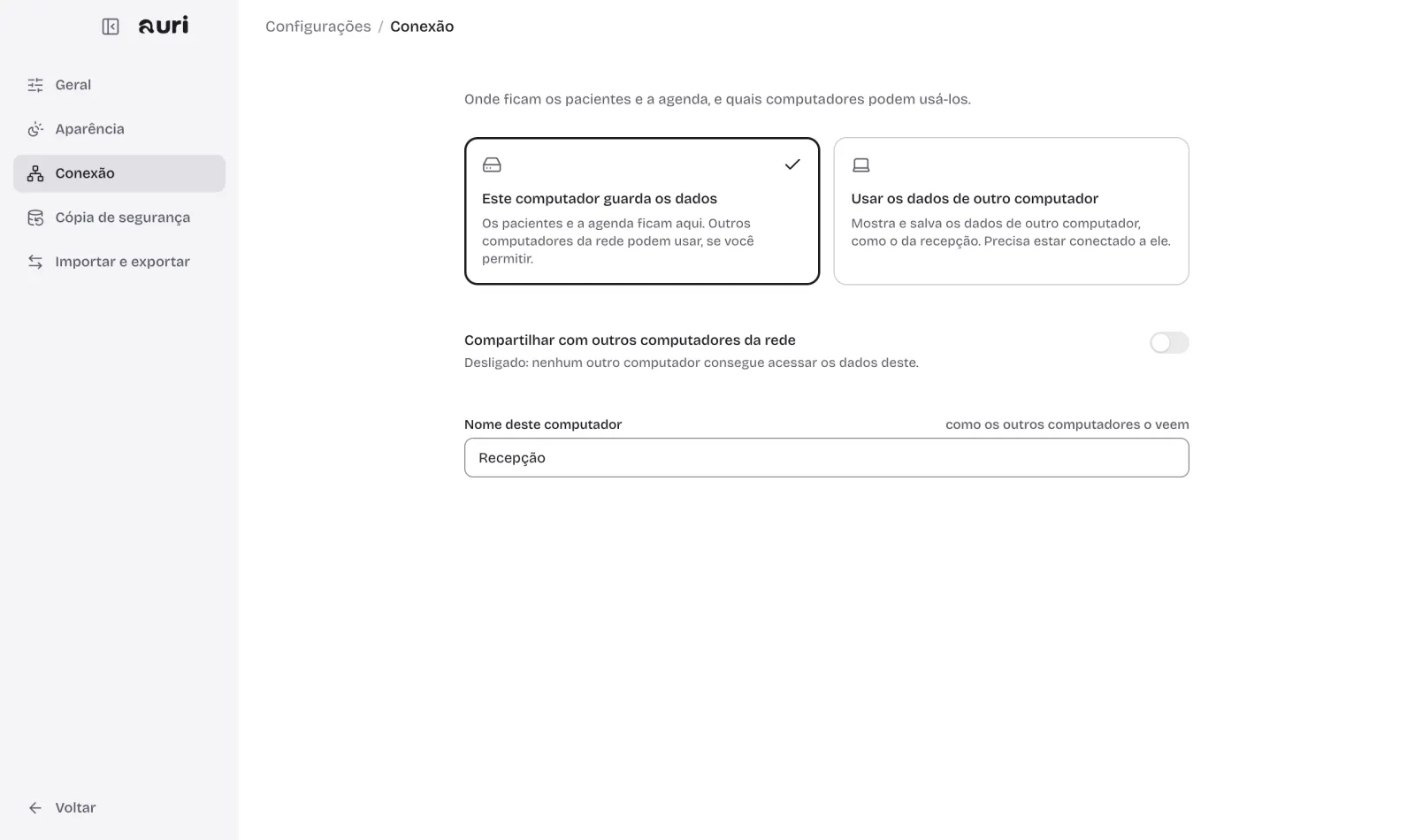 Tela do Auri: recepção e consultório, no tema claro