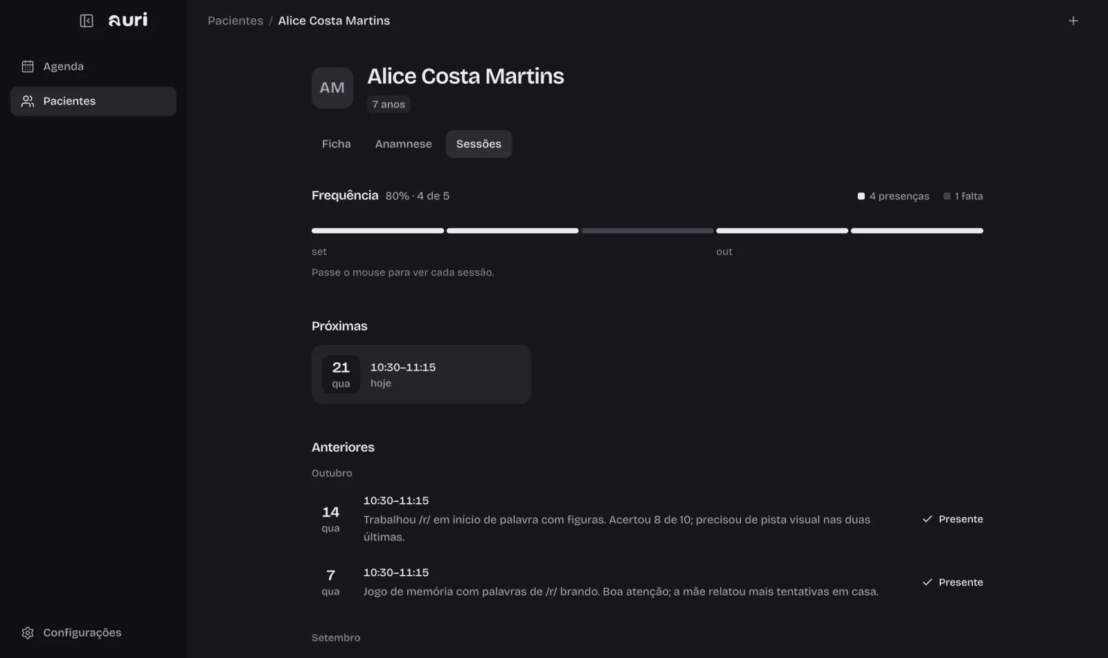 Tela do Auri: sessões e frequência, no tema escuro